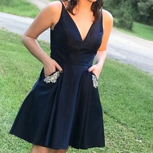 Blondie Nites Blue Pleated V-Neck Mini Dress